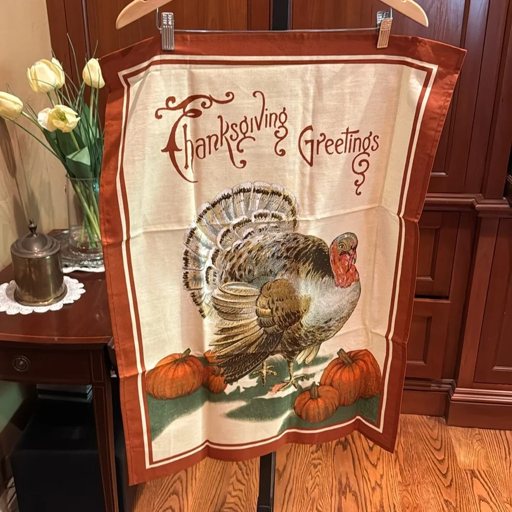 NWOT Williams Sonoma Thanksgiving Greetings Turkey Fall Cotton Linen Towel NEW